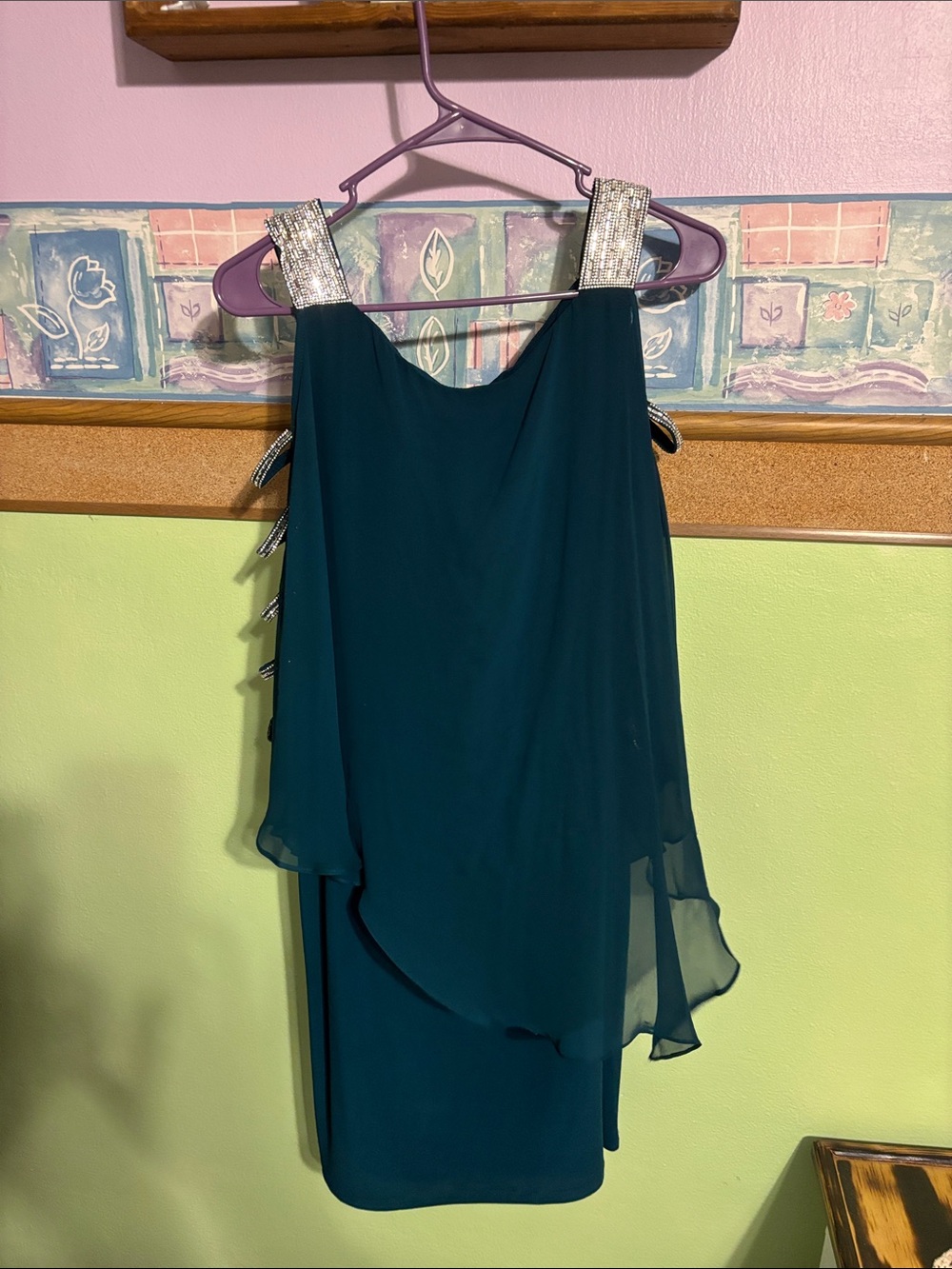 MSK Teal Green Chiffon Overlay Midi Dress with Silver Beaded Straps